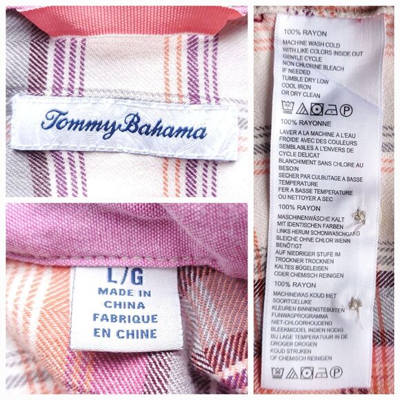 Tommy Bahama Flannel Shirt Mens L Plaid Long Sleeve Pink Orange Cream Colorful - Picture 5 of 10